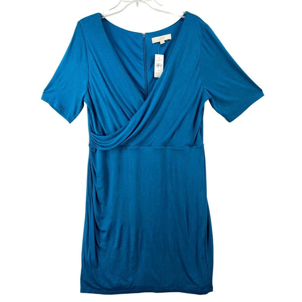 NWT Ann Taylor LOFT Dress Sz XL Teal Blue Draped Ruched V Neck Short Sleeve Wrap